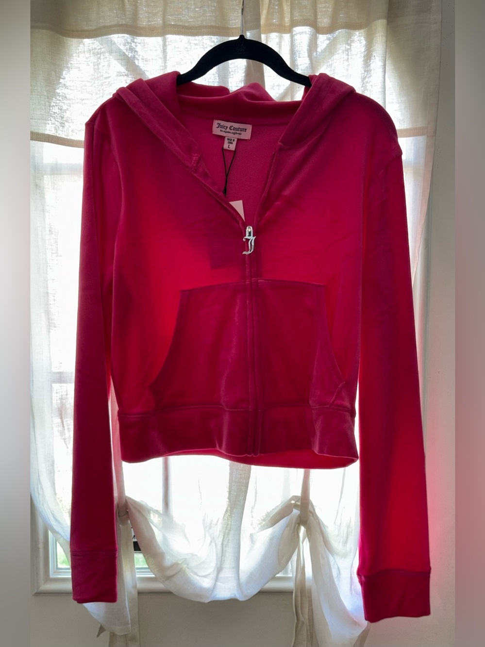 Juicy Couture Vixen Pink Velour Hoodie Size L Rhinestone Juicy Y2K